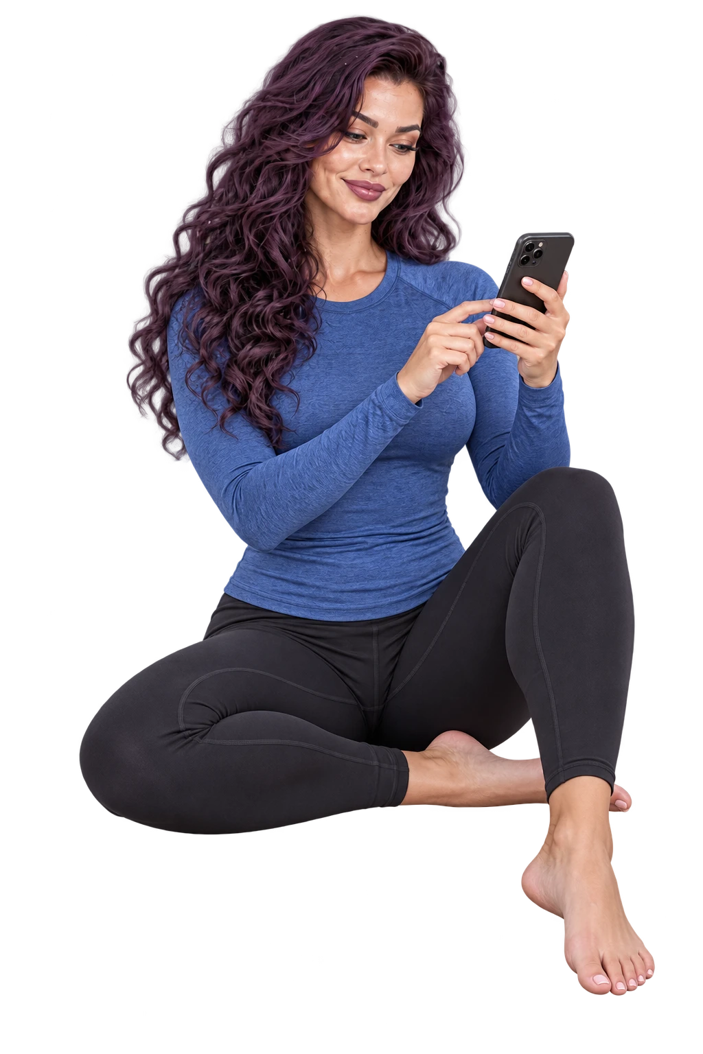 Ava in blue yoga gear using her phone to place an order.