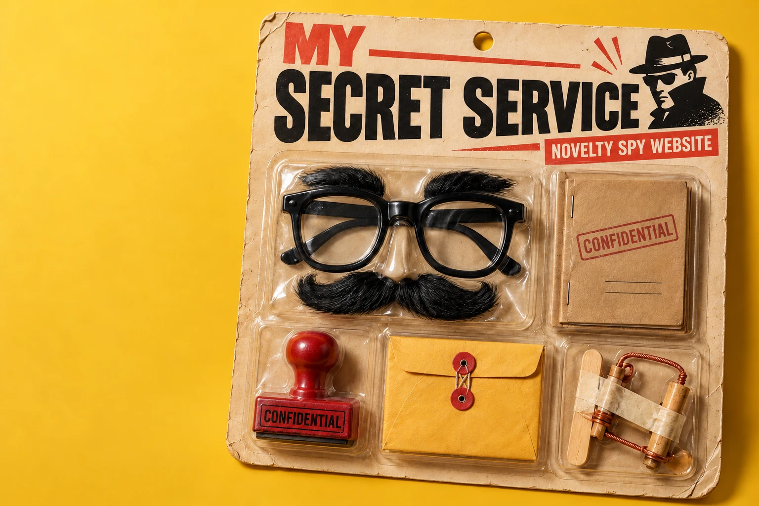 My Secret Service novelty spy website poster in old-fashioned blister packaging, with disguise glasses, a confidential folder and a homemade gadget.