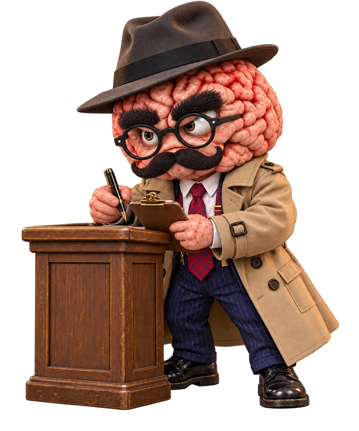 Household brain character in a fedora, glasses, thick eyebrows, moustache and trench coat writing the order on a clipboard.